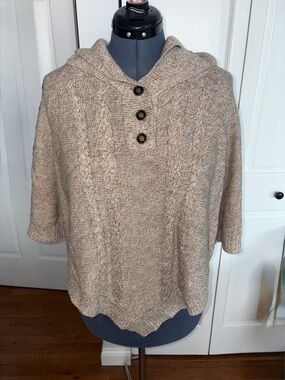 Karen Scott Taupe Cable-Knit Hooded Poncho with Buttons